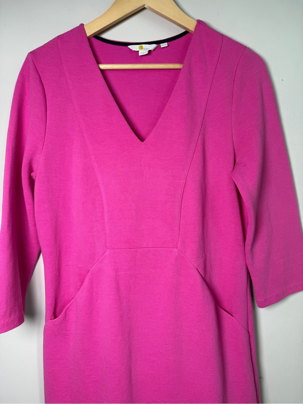 Boden Bronte Ottoman V-Neck Dress Pink Ribbed Knit 3/4 Sleeve Pockets Sz 10 - Picture 2 of 7